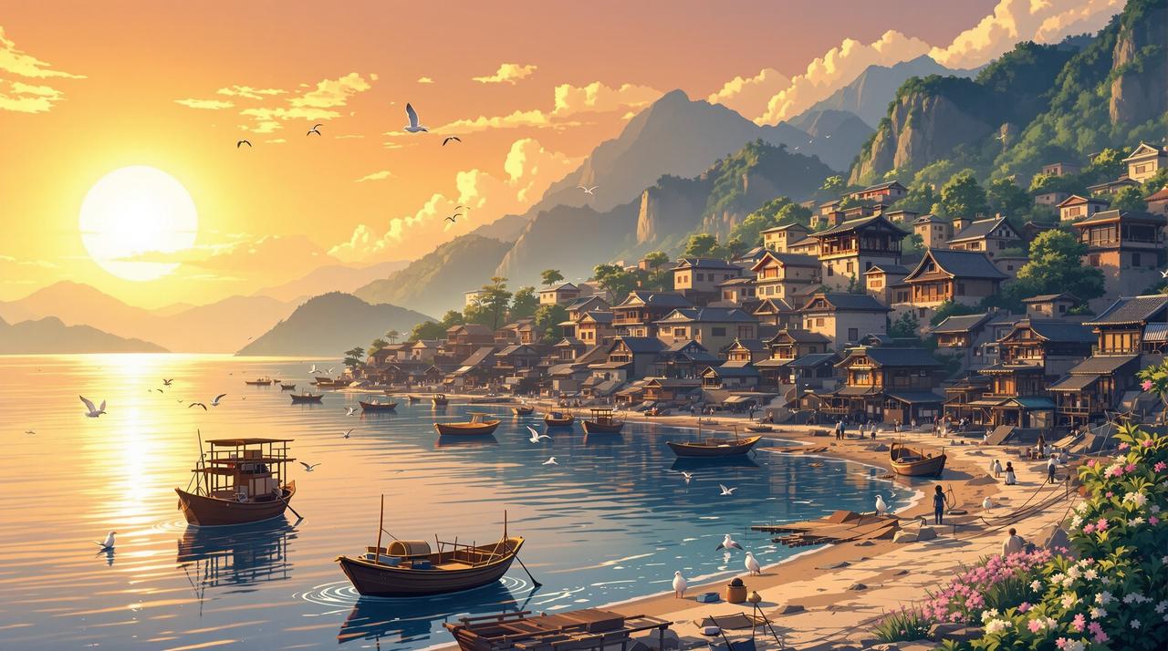 搞笑短剧免费观看完整 - 海边渔村温暖黄昏全景，金色夕阳下的渔港，停泊的小渔船，传统石屋与远山